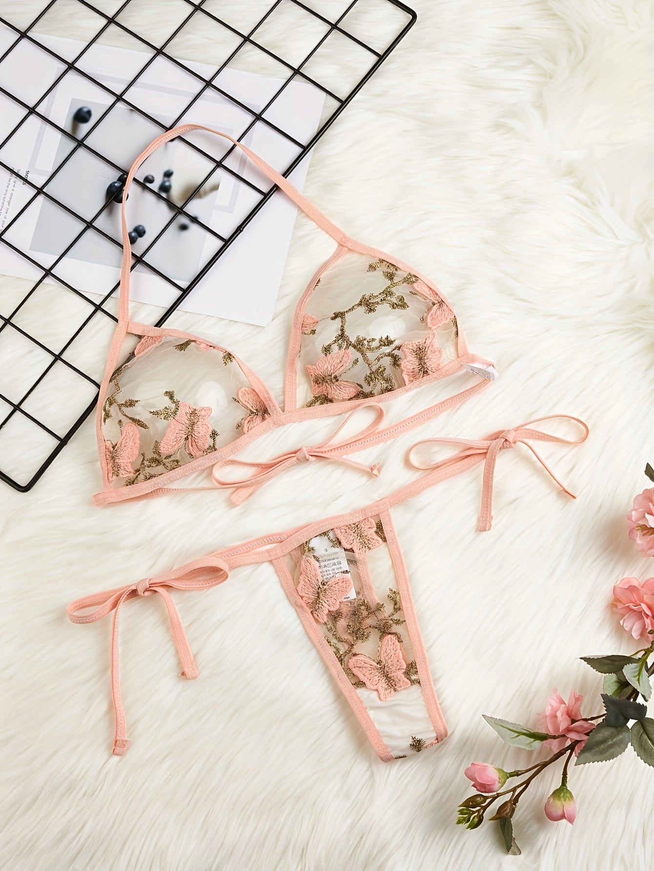 Women's Lace Lingerie Set with Embroidery and Transparent Straps