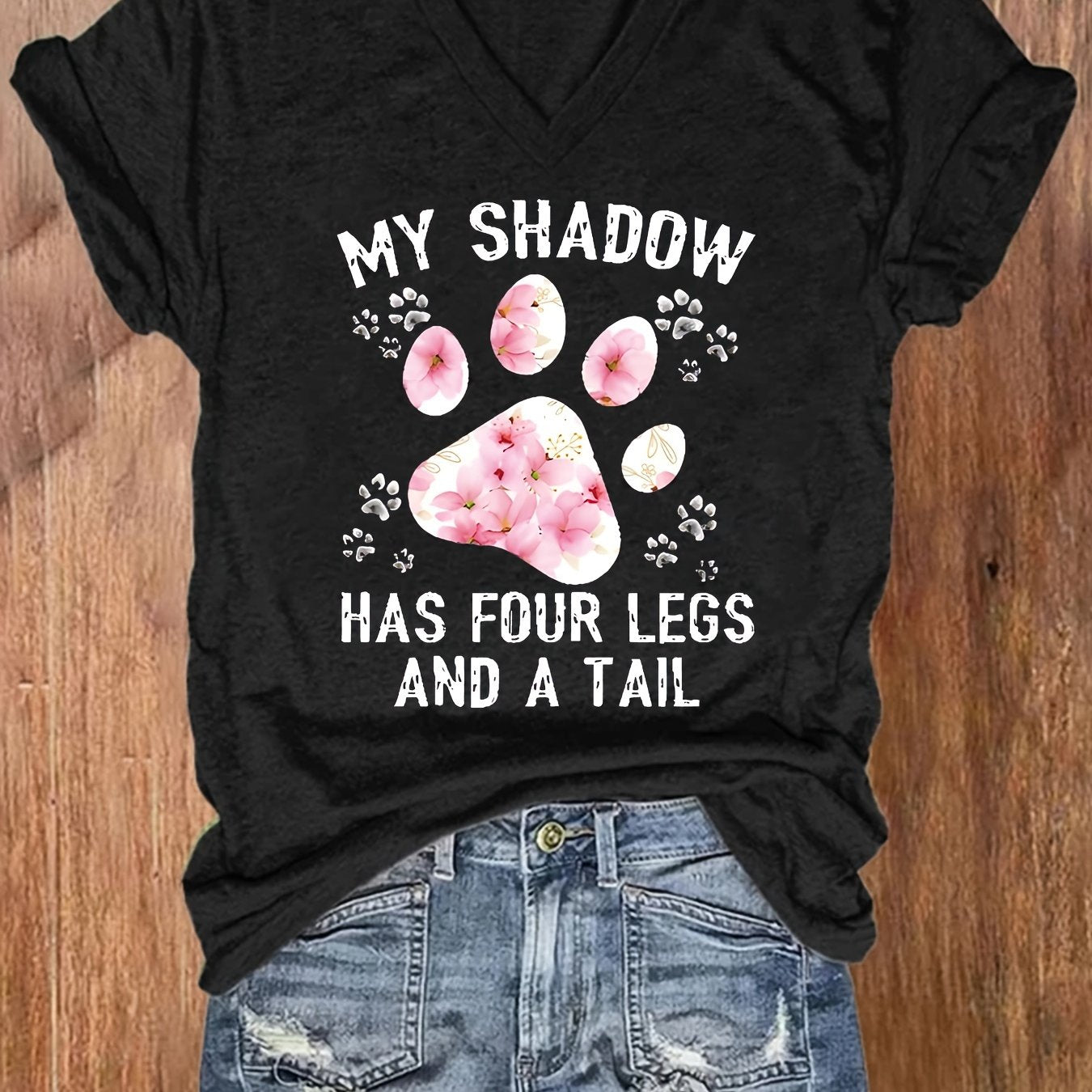 Women's Heather Gray V-Neck Short Sleeve T-Shirt with Graphic Print