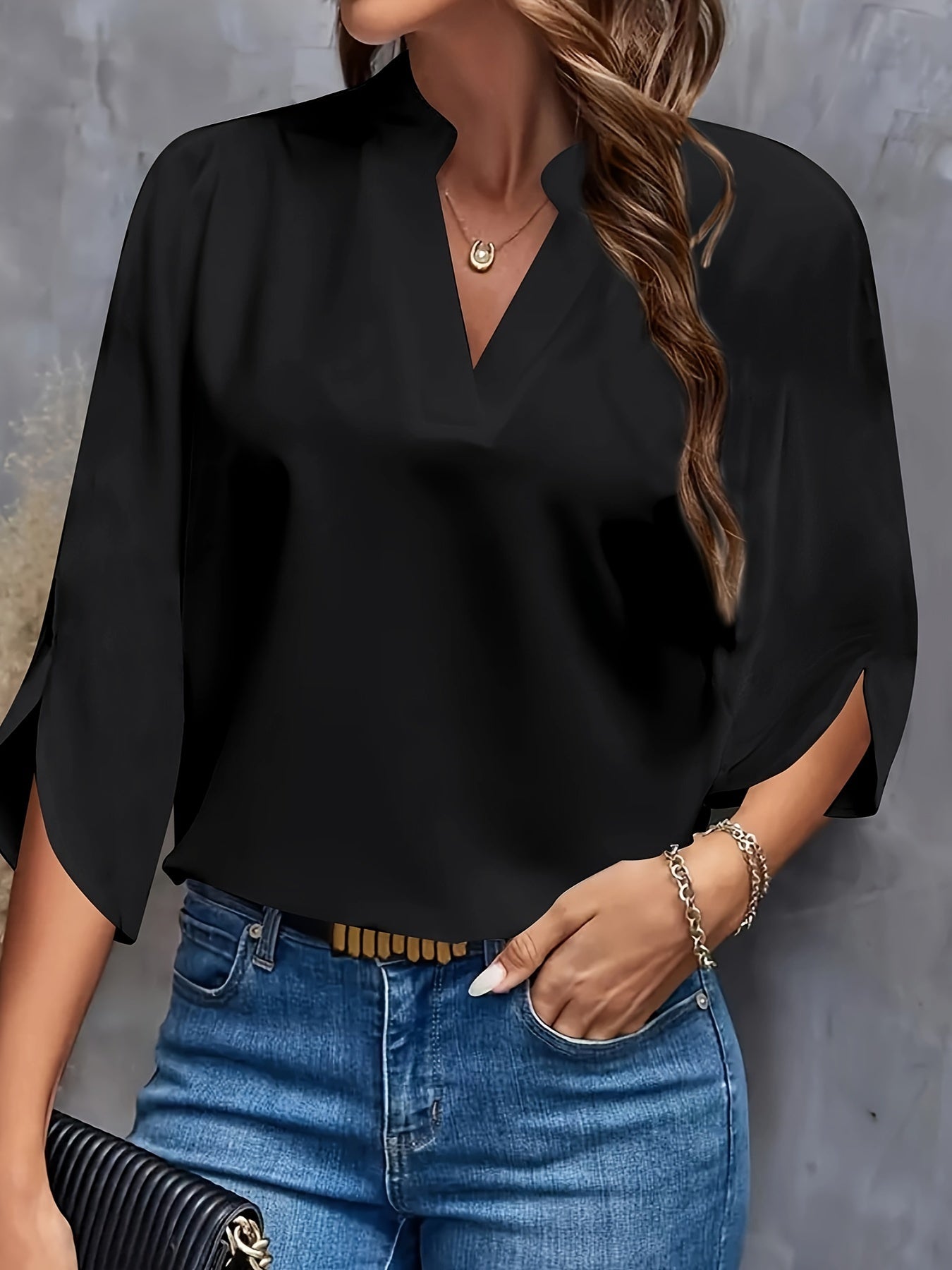 Solid Color V-Neck Blouse with 3/4 Split Sleeves for Women