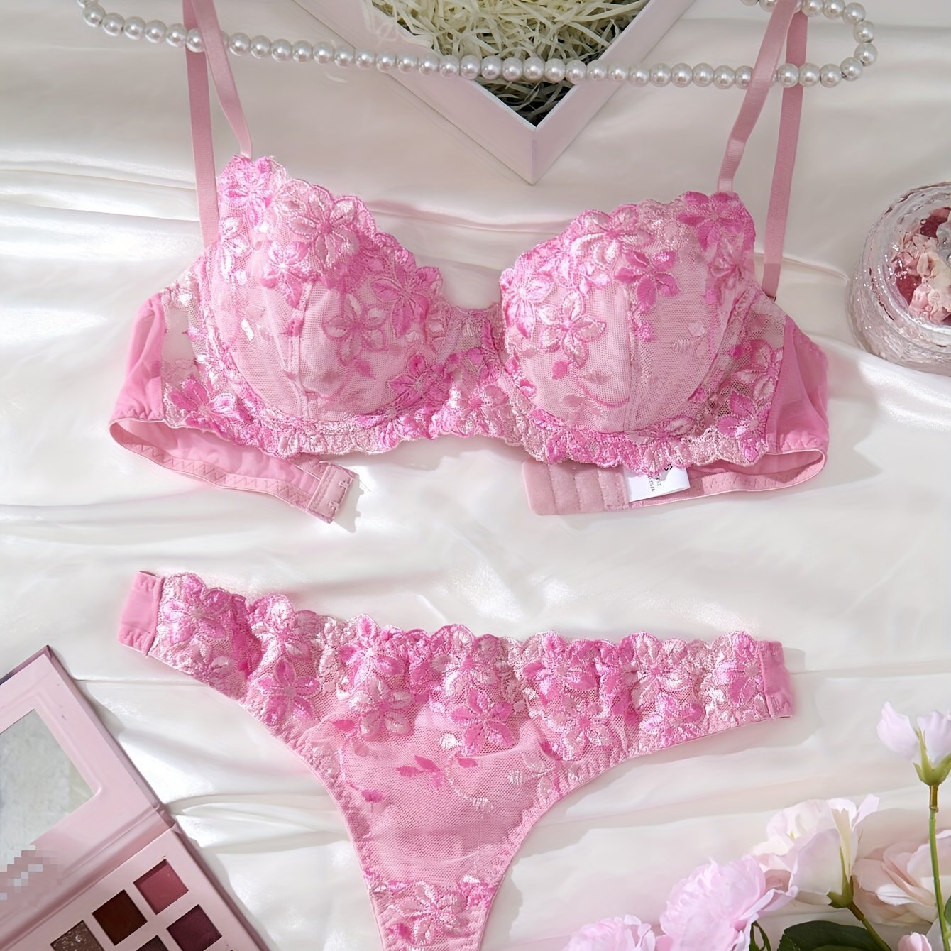Pink Floral Embroidered Lingerie Set with Mesh Panties and Gathered Bra