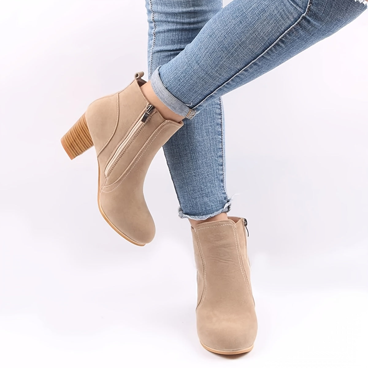 Women's Winter Ankle Boots Beige Fabric Side Zipper Chunky Heel