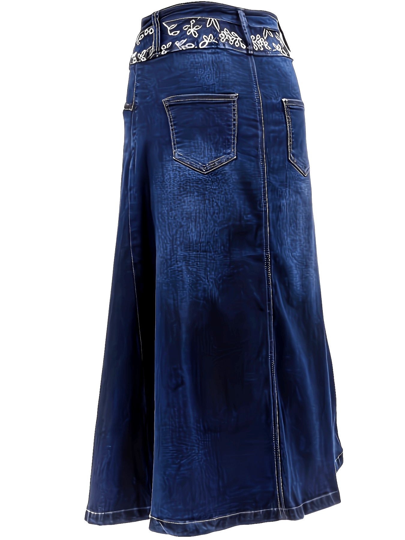Women's Plus Size Blue Stretch Denim A-Line Midi Skirt With Button Details