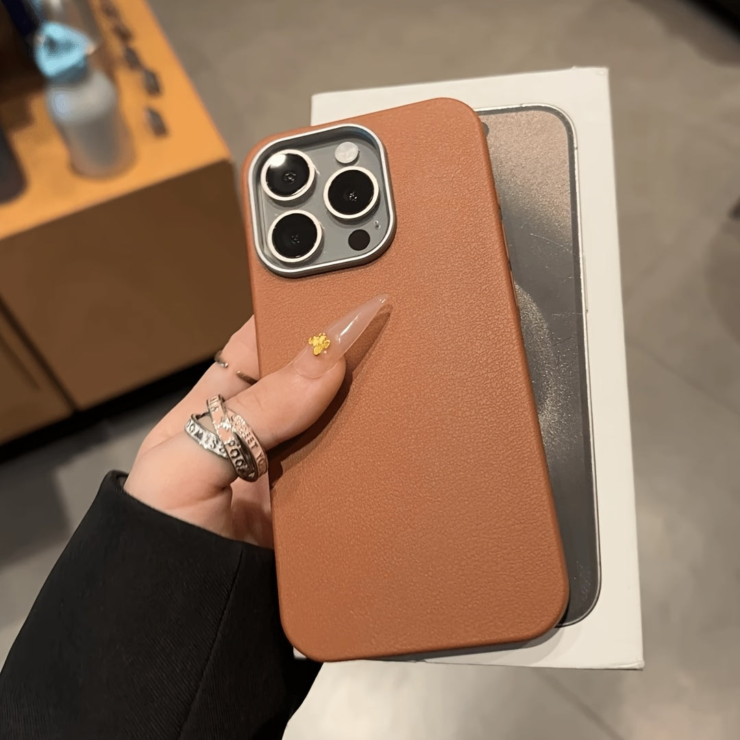 3-Piece Leather Pattern Metal Frame Phone Cases for iPhone 16 Pro Max and New Models