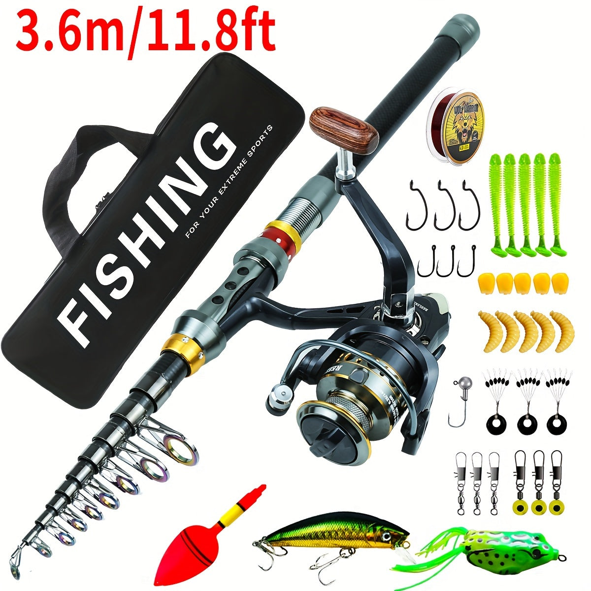 Telescopic Fishing Rod Combo Black 1.8-3.6m with Bait Hooks Lures Carrying Case