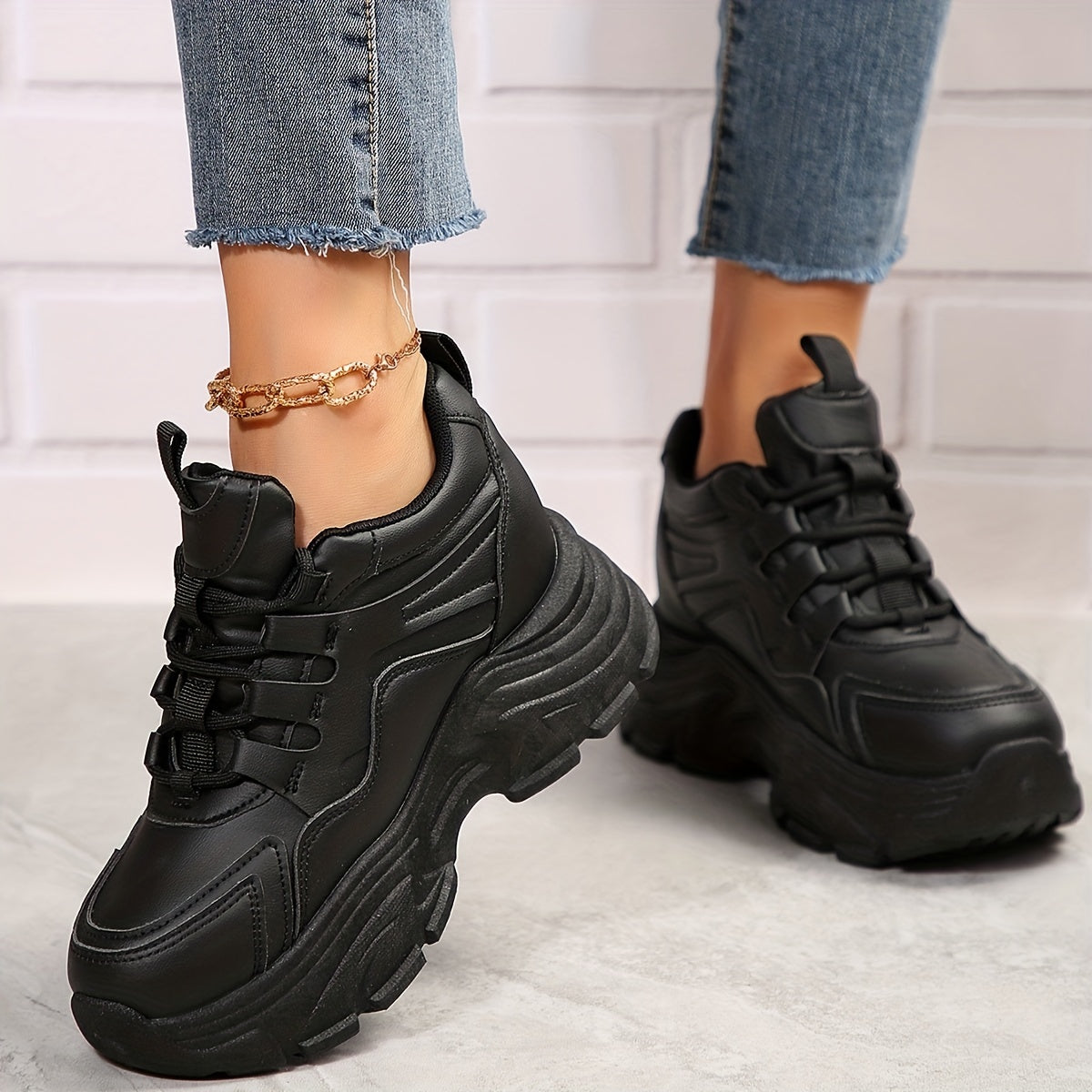 Women's White Platform Sneakers Casual Lace-Up Thick Sole All-Season