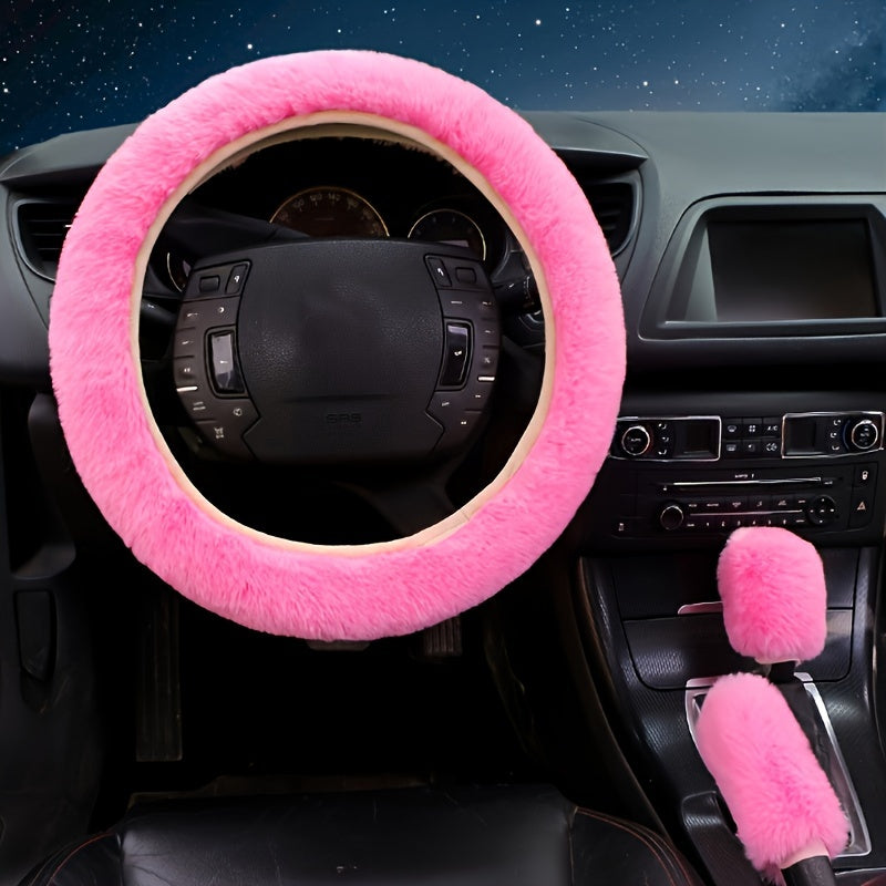 3pcs Winter Fur Plush Steering Wheel Covers Handbrake Gear Shift Fluffy Car SUV