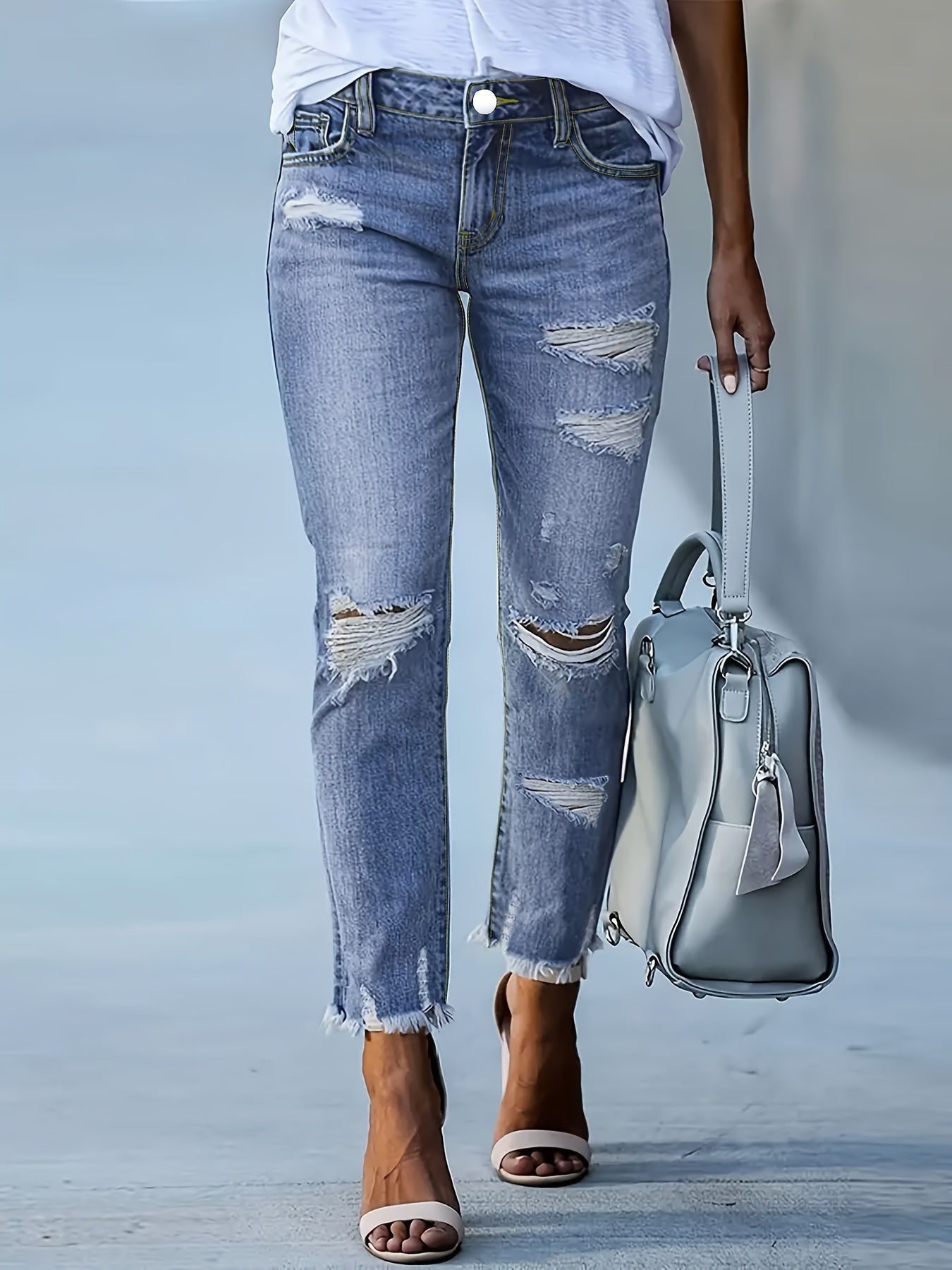 Женские рваные джинсы с необработанным краем и синие повседневные штаны