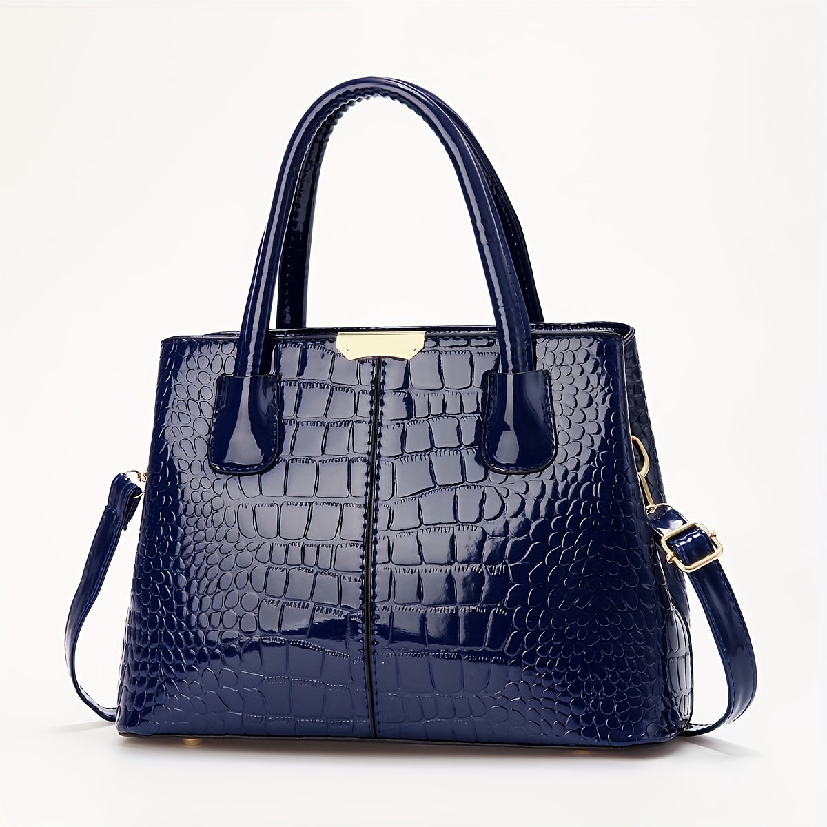Black Crocodile Pattern Handbag with Adjustable Strap and Zipper Closure