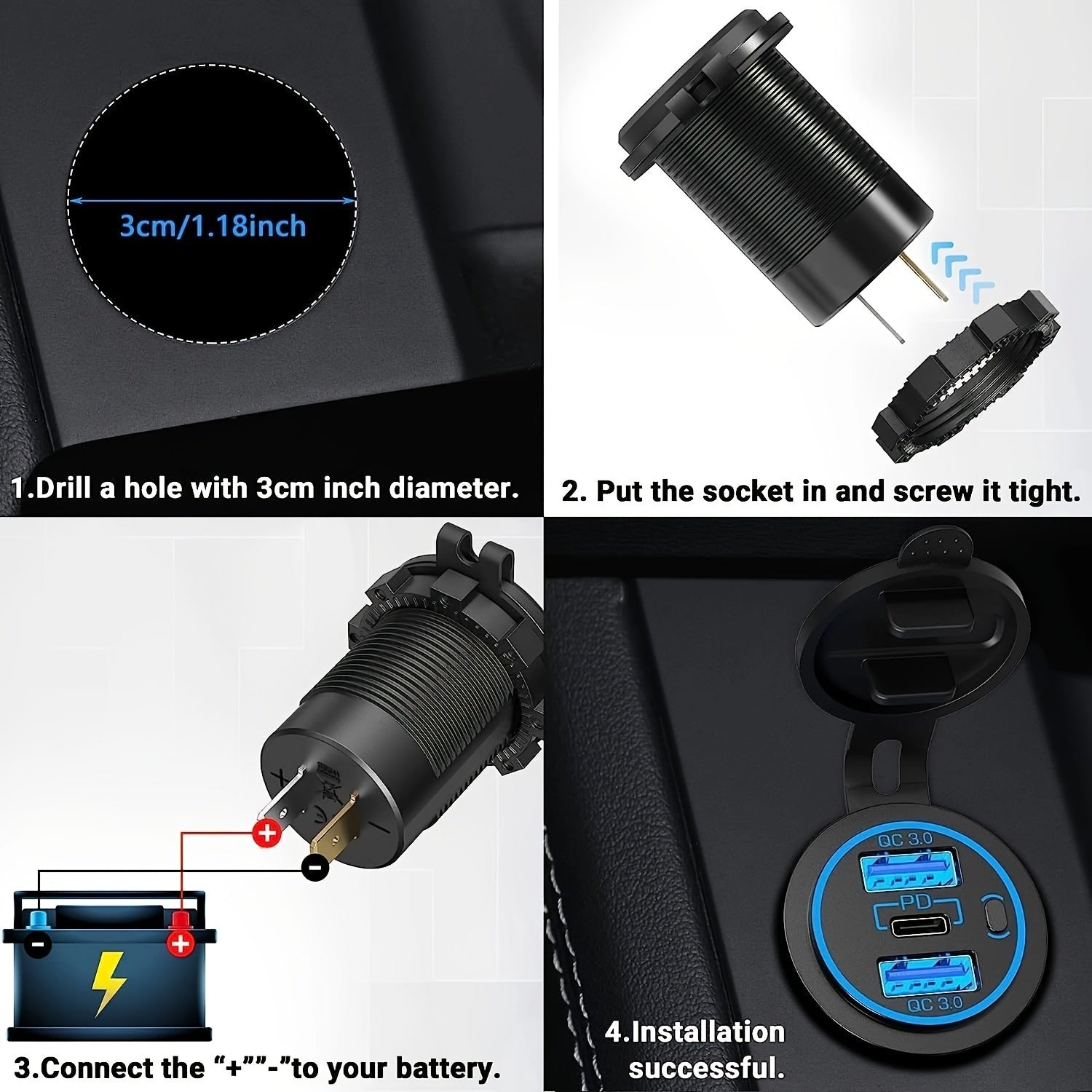 3-In-1 Car Charger USB C QC3.0 PD3.0 Fast Charge 12V 24V Adapter