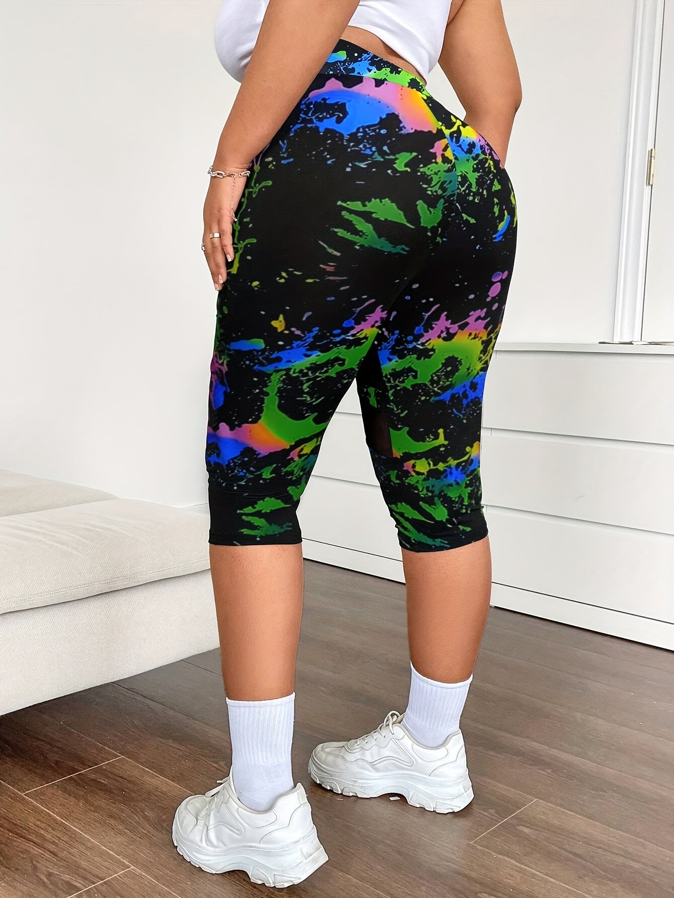 Plus Size Tie-Dye High-Waisted Shorts with Mesh Stretchy Summer Casual