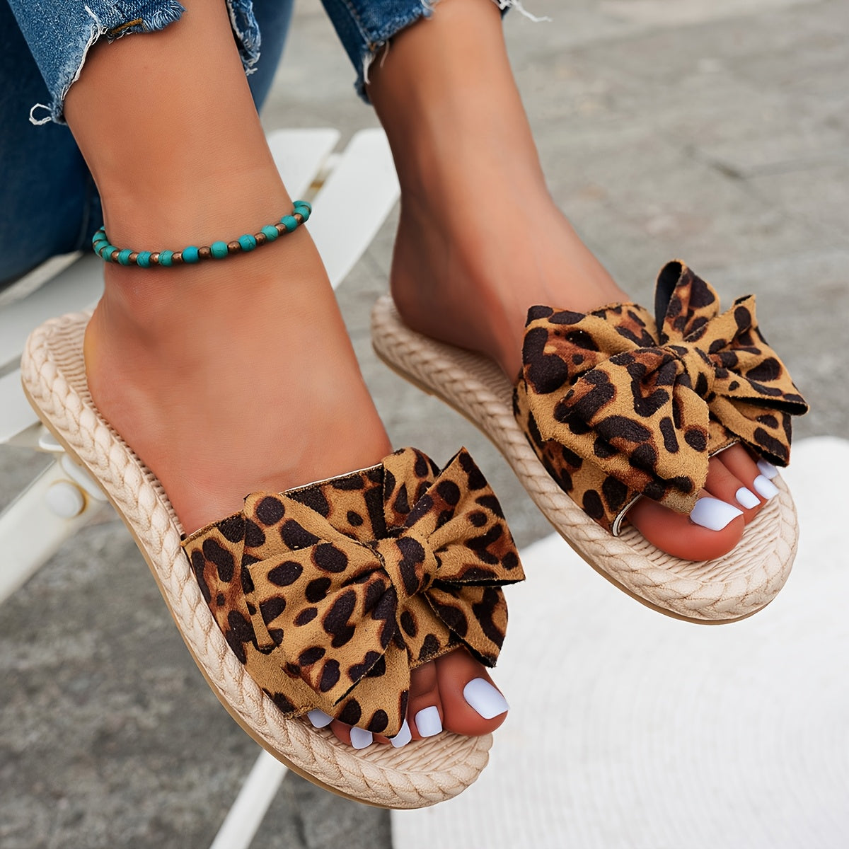 Women's Leopard Print Bow Slide Sandals Open Toe Non-Slip Flat Heel Blue Black