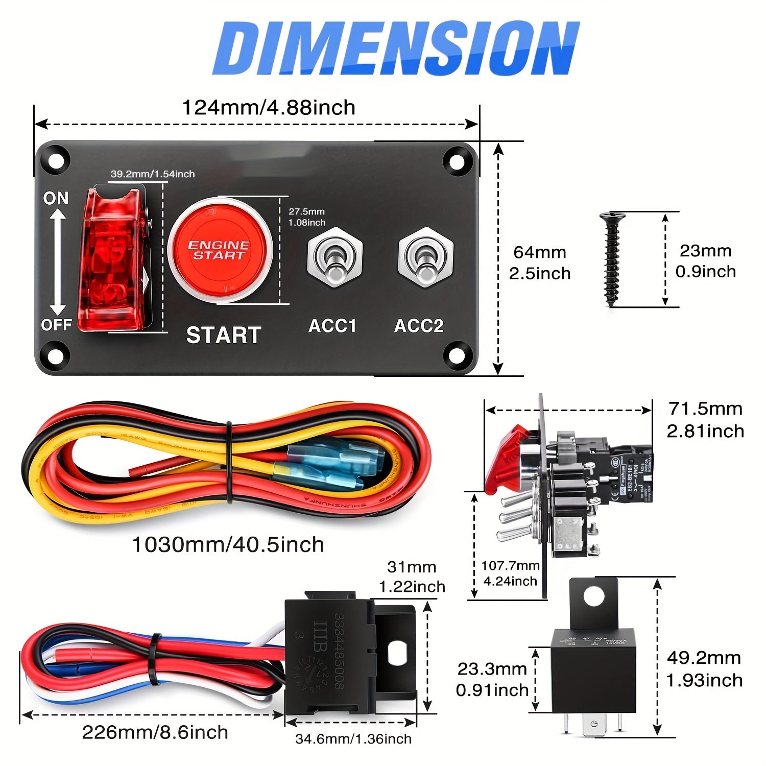 12V Push Start Ignition Kit with Red Button, Relay Harness, Aluminum For RVs Trucks Boats