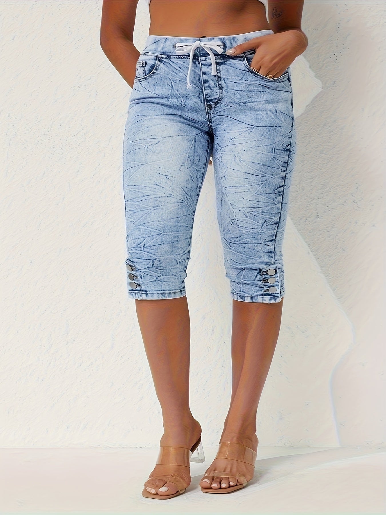 Women's Plus Size High-Waisted Tie-Dye Denim Jeans With Elastic Drawstring