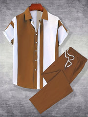 Men's Casual Outfit Set Short Sleeve Shirt and Straight Pants Polyester Geometric