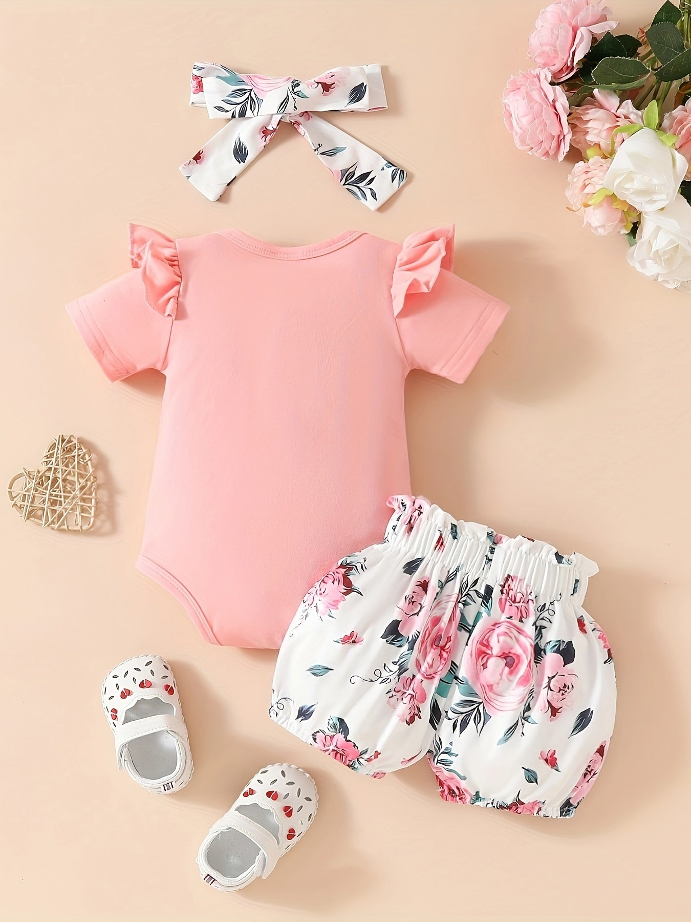 Girls Summer Outfit Set 3 Pieces Romper Shorts Headband Toddler Baby Girl Clothing