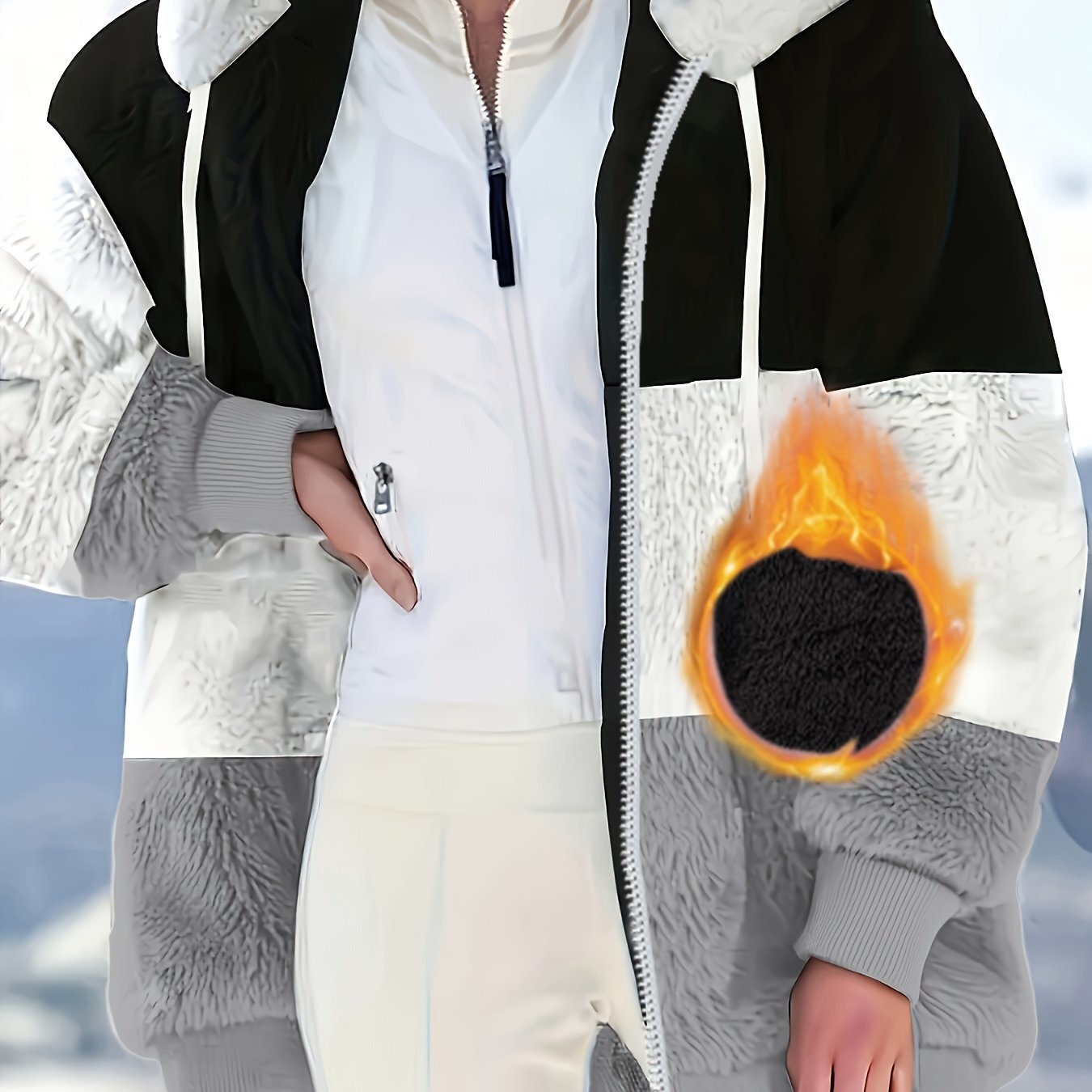 Women's Fleece-Lined Hooded Jacket with Front Pockets Loose Fit Fall Winter Polyester