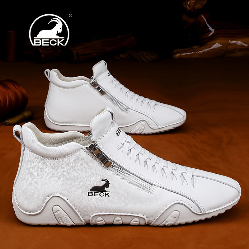 Men's Casual Leather Shoes with Non-Slip Rubber Sole and Zipper Closure