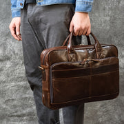 Men's Genuine Leather Briefcase with Laptop Compartment and Adjustable Shoulder Strap