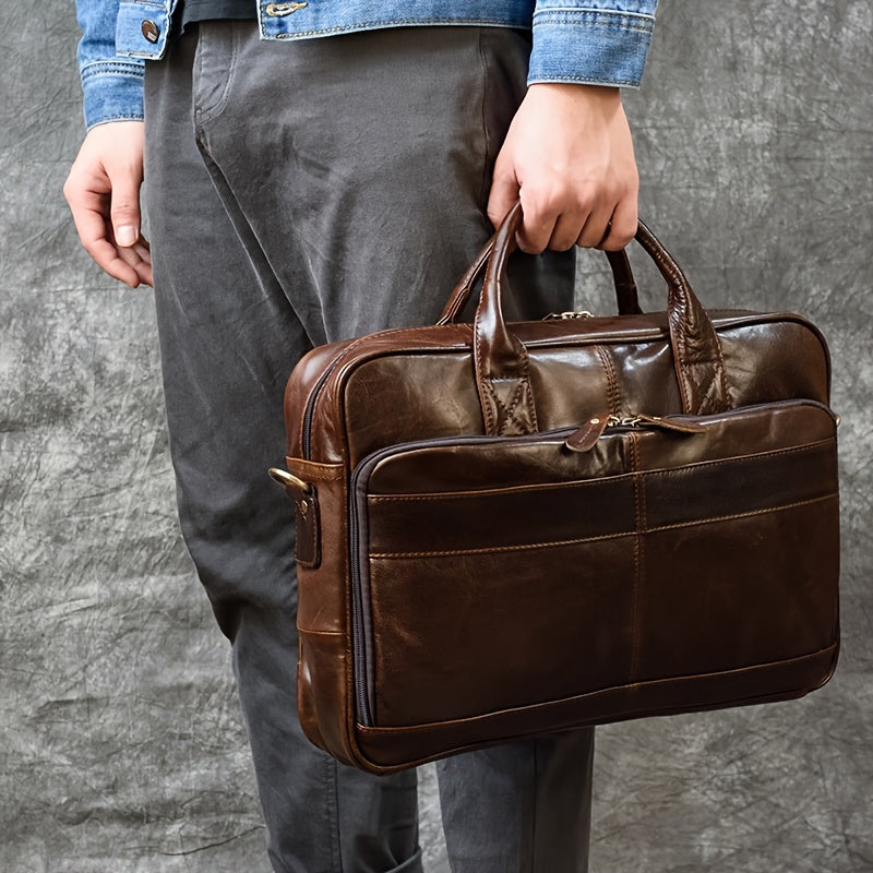 Men's Genuine Leather Briefcase with Laptop Compartment and Adjustable Shoulder Strap