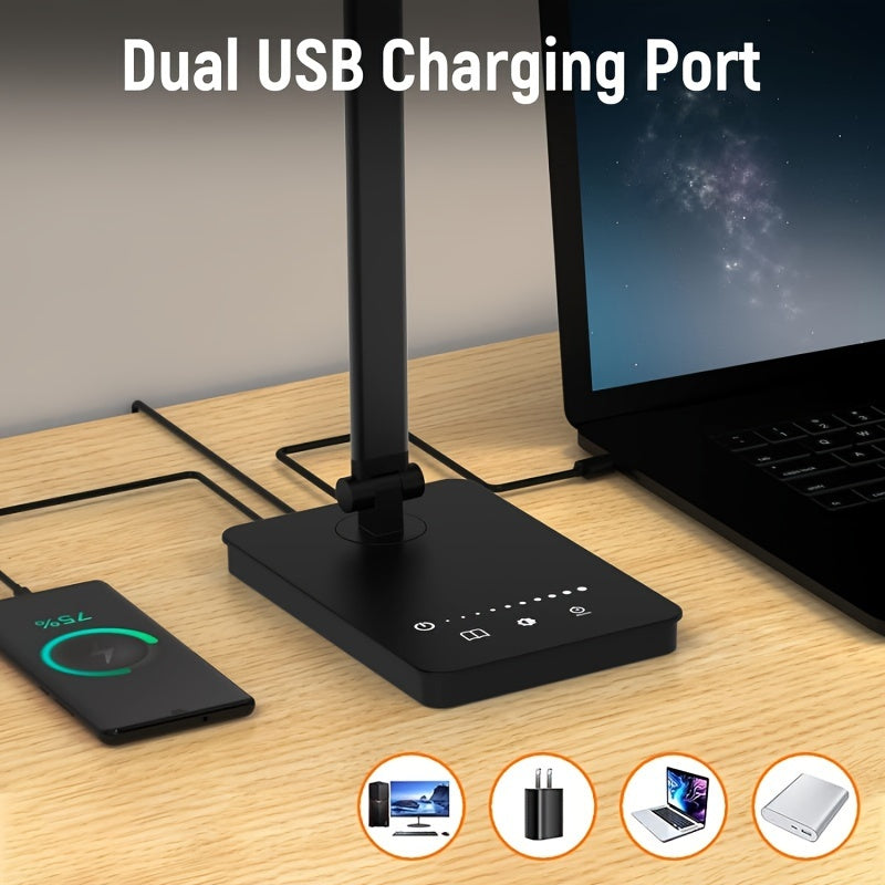 Регулируемая двухрычажная настольная лампа LED с сенсорным управлением, заботящаяся о зрении, яркий свет, питание через USB, черная