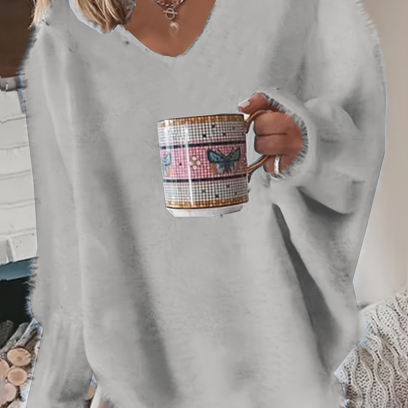 Women's Plus Size V-Neck Pullover Sweater Cozy Knit Fall Winter Solid Color