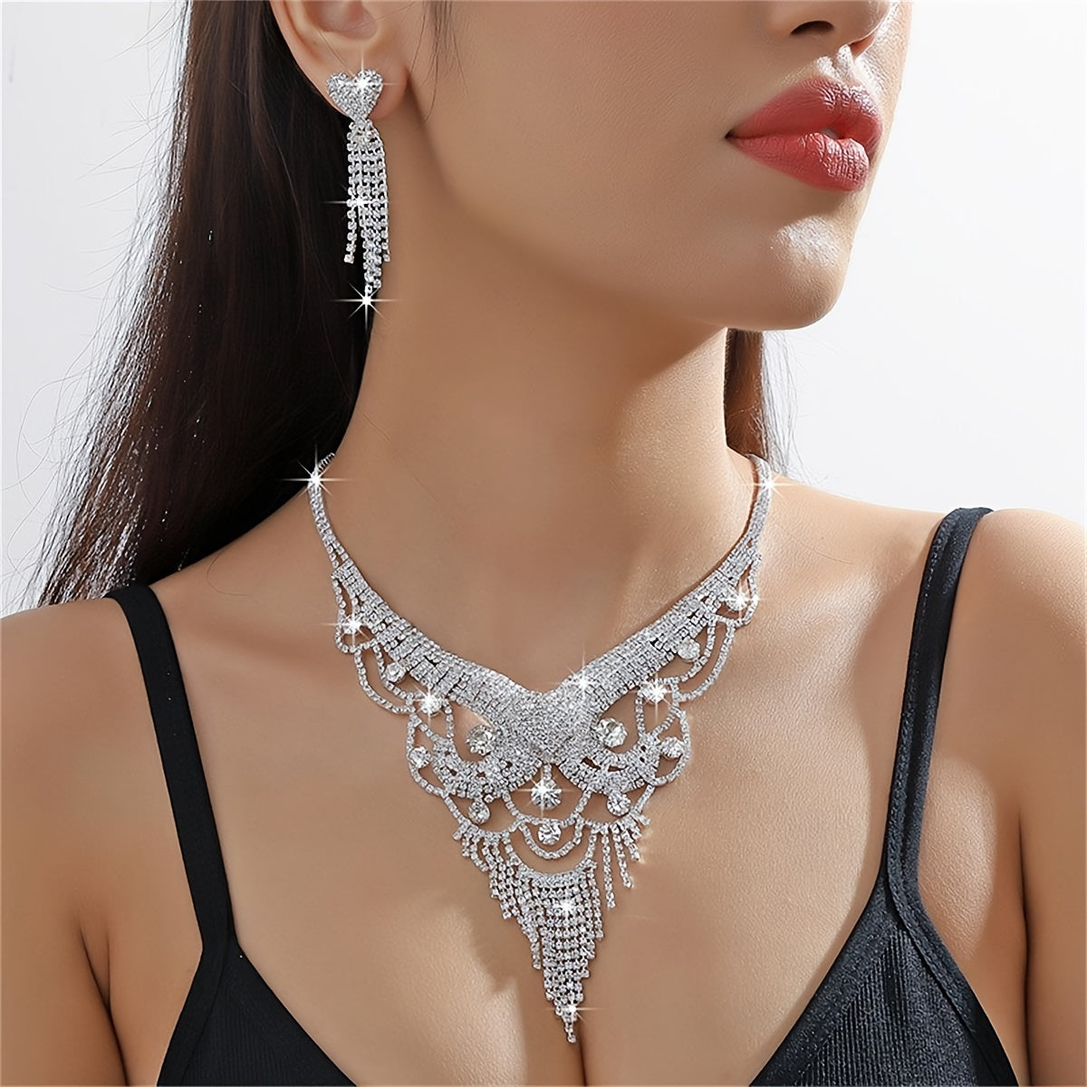 Luxury Silver Tassel Jewelry Set with Rhinestone Earrings for Women