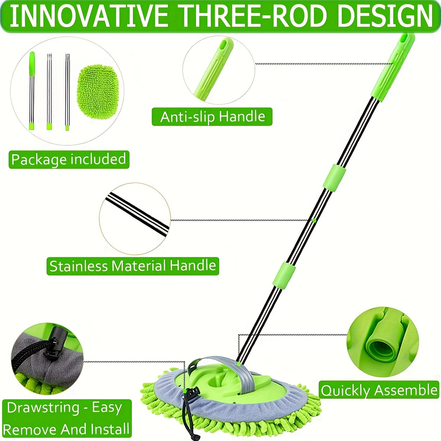 Микрофибровая швабра для мойки автомобиля, длина рукоятки 121,92 см, безцарапочная детализация