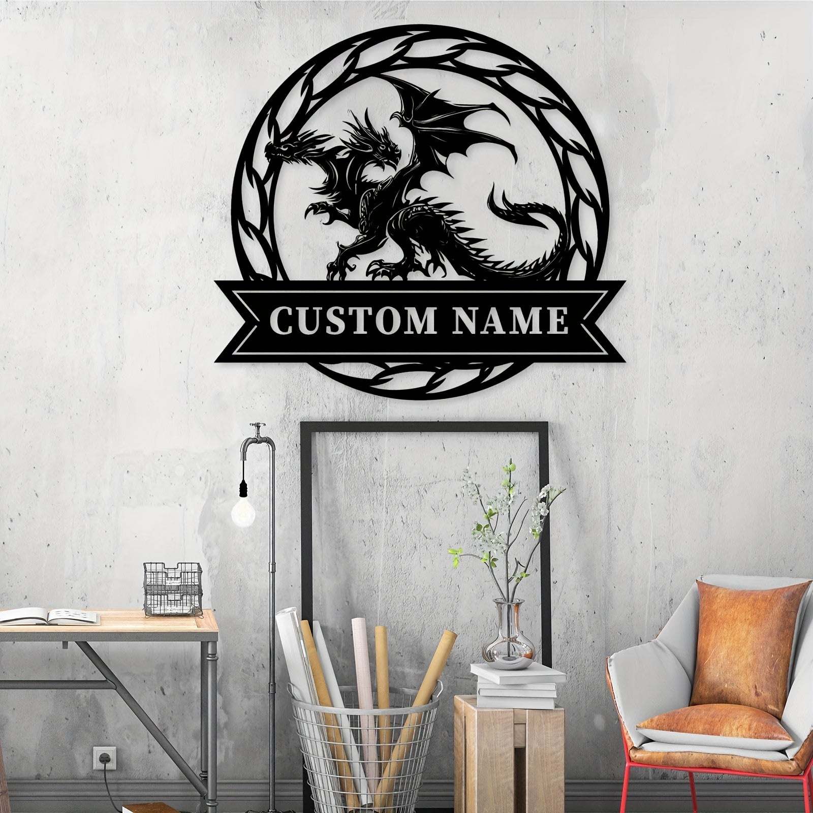 Maxsus Ejderha Metallik devor san'ati, Ism bilan, Ob-havo sharoitlariga chidamli AAA darajali metall, bolalar xonasi uchun bezak