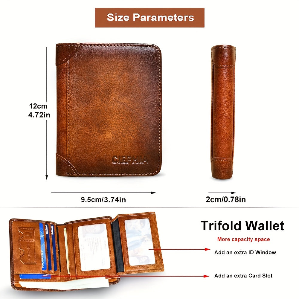 Vintage Genuine Leather Wallet for Men RFID Blocking Deep Brown Slim Bi-Fold