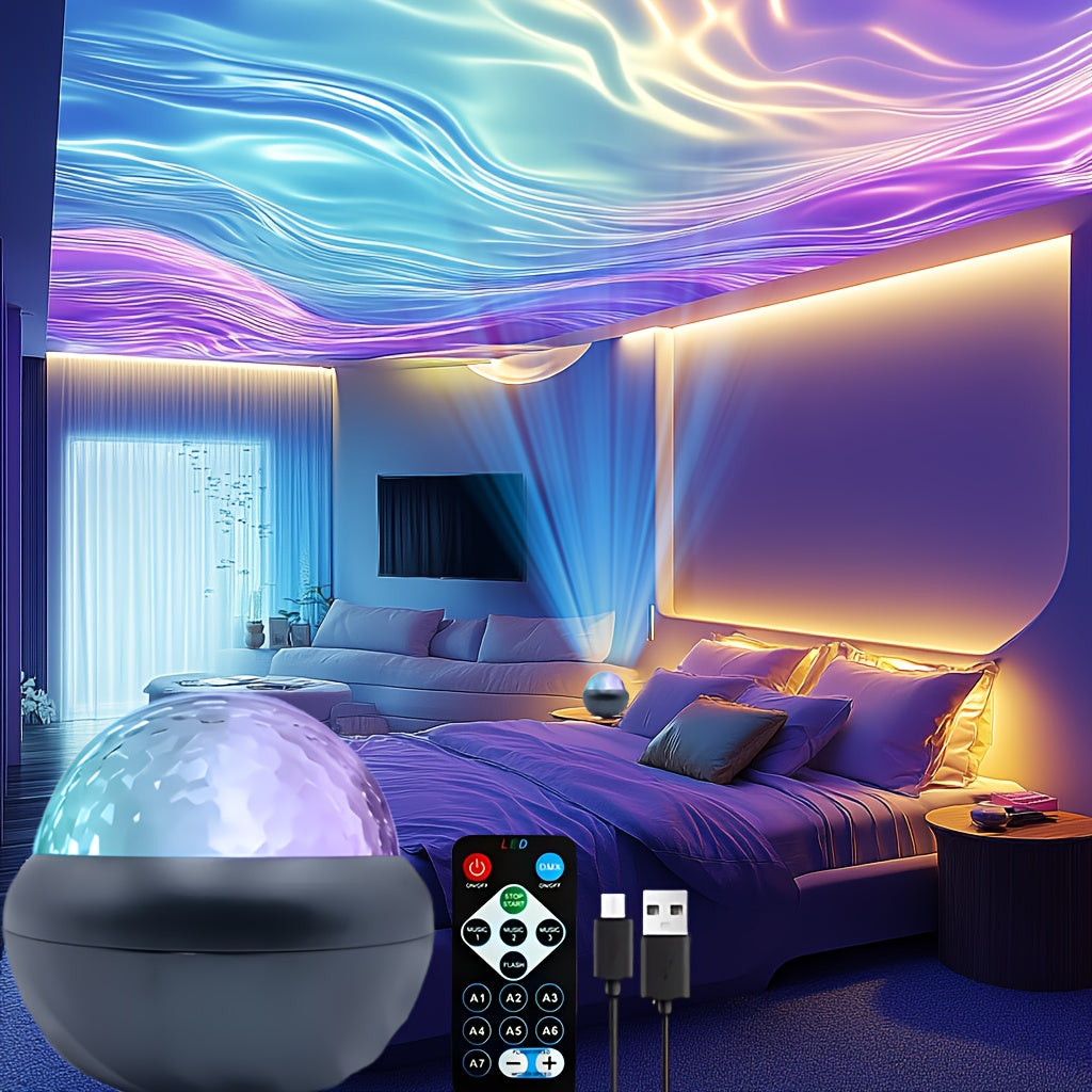 7-Color LED Night Light Water Ripple Effect USB Remote Control for Bedroom and Ambiance