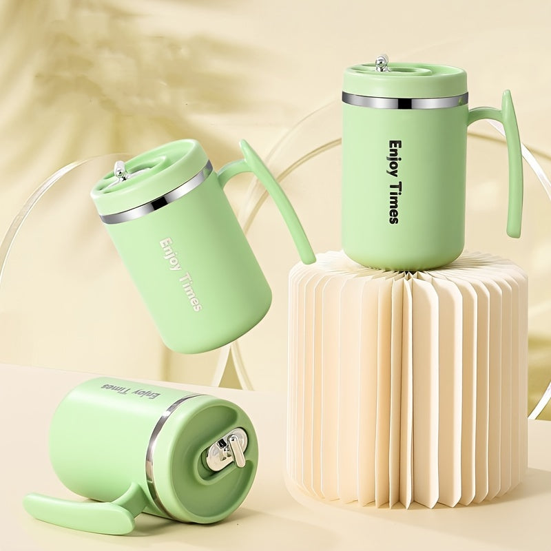 Taza de café de acero inoxidable con asa de pajilla para oficina acampada en naranja azul claro crema