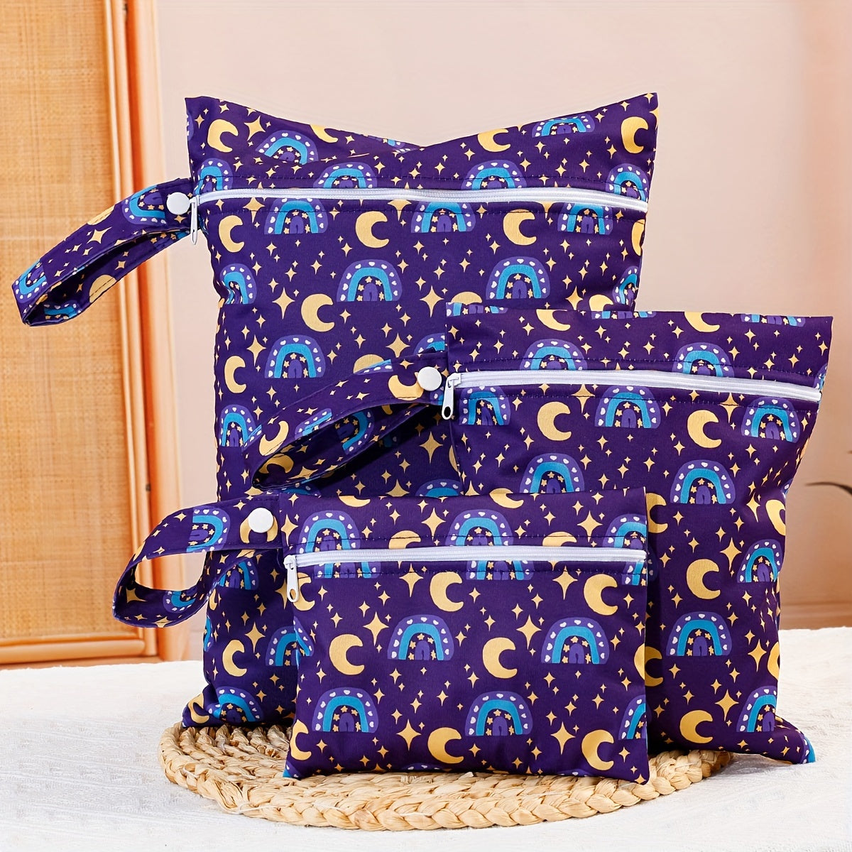 Set of 3 Waterproof Polyester Wet Dry Bags for Teenagers and Adults with Rainbow and Moon Designs