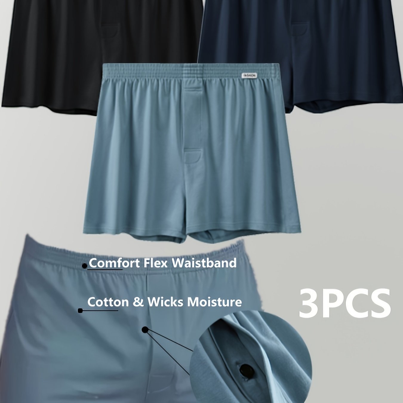 Men's Cotton Boxer Briefs 3 Pack Black Navy Light Blue Elastic Waist No-Ride