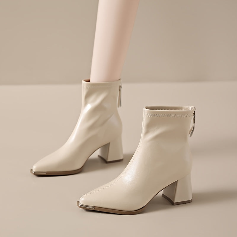 Women Mid-Calf Square Toe Boots Black Beige Brown Zipper Rubber Sole