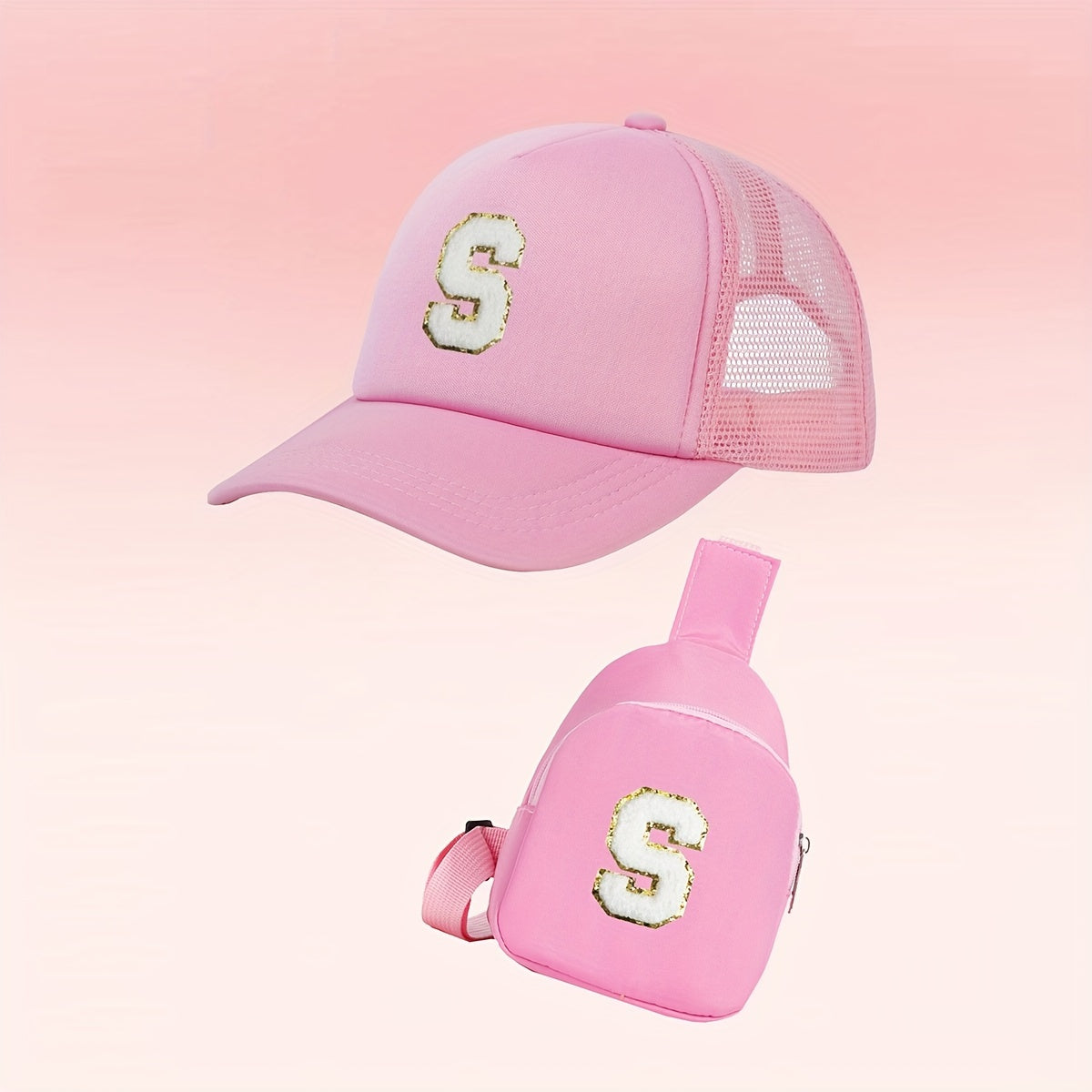 Girls Alphabet-Themed 2-Piece Baseball Cap and Bag Set Polyester Breathable Fitted for Ages 3-14