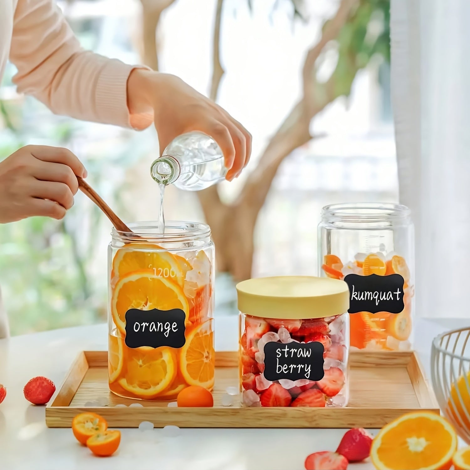 Qora geometrik o'z-o'zidan yopishadigan qog'oz yorliqlari, oshxona bankalar uchun, sog'liq mavzusi, yaltiroq sirt, to'rtburchak