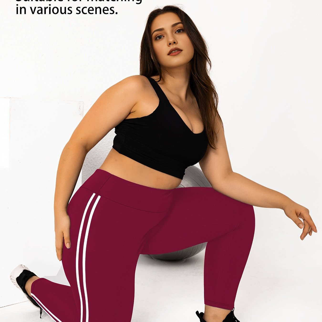 Women's Plus Size High-Waisted Cropped Leggings with Side Stripes Black Blue