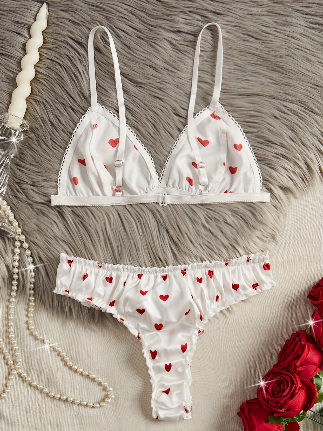 Women's Heart Print Lingerie Set with Bow-Knot Details for Daily Wear