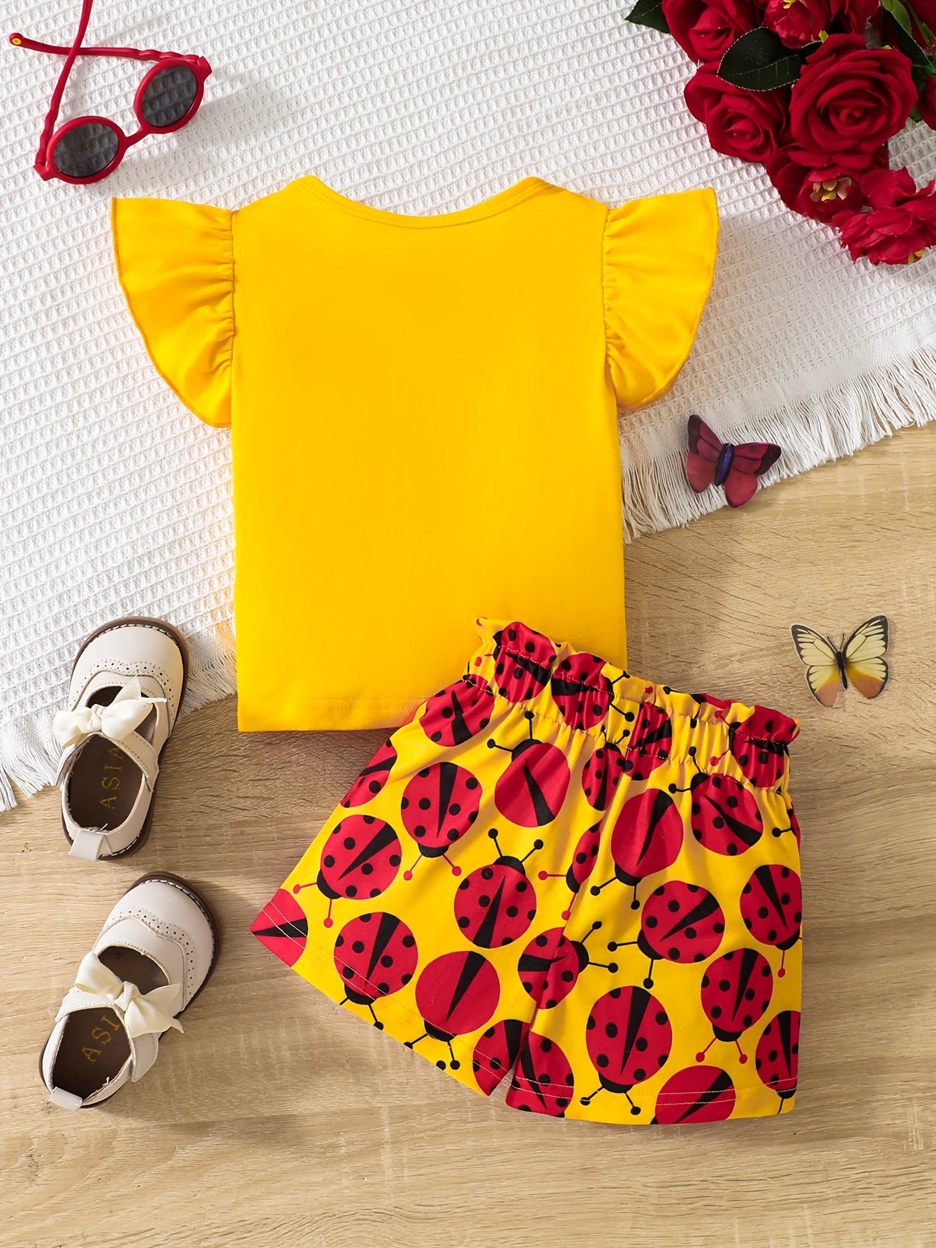 Baby Girl Summer Outfit Ruffle Sleeve Graphic T-Shirt and Ladybug Shorts Set