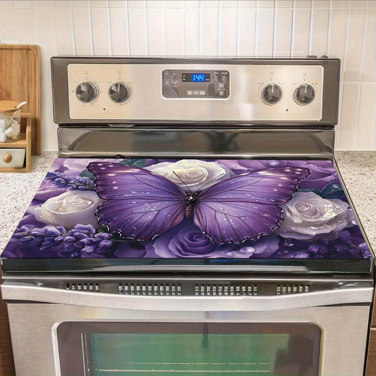 Binafsha rangli kapalak va gul naqshli quritish mato, pech usti himoya qiluvchi, issiqlikka chidamli, chizishga qarshi, sirg‘alishga qarshi, bardoshli