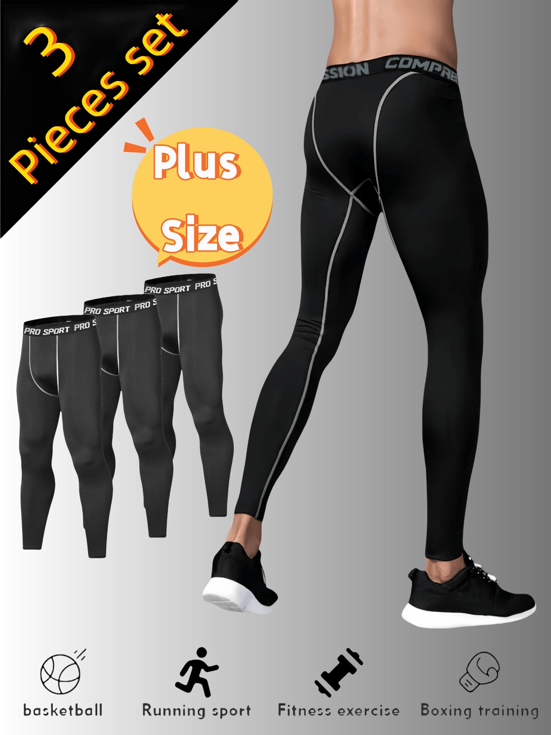 Plus Size Men's Compression Leggings Set High Elasticity Breathable Sports Tights for Running Basketball Gym Training
