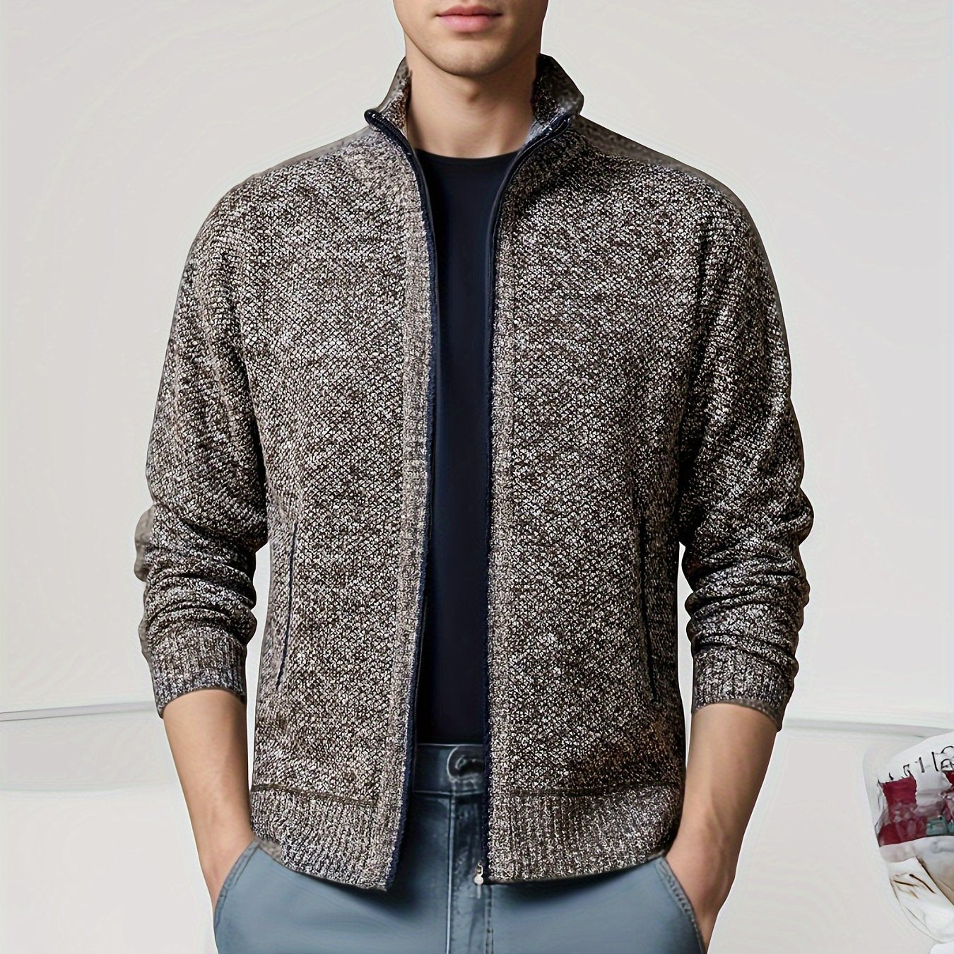 Men's Solid Fleece Cardigan with Pockets Turtle Neck Zip Up Sweater for Winter Fall Outdoor Activities