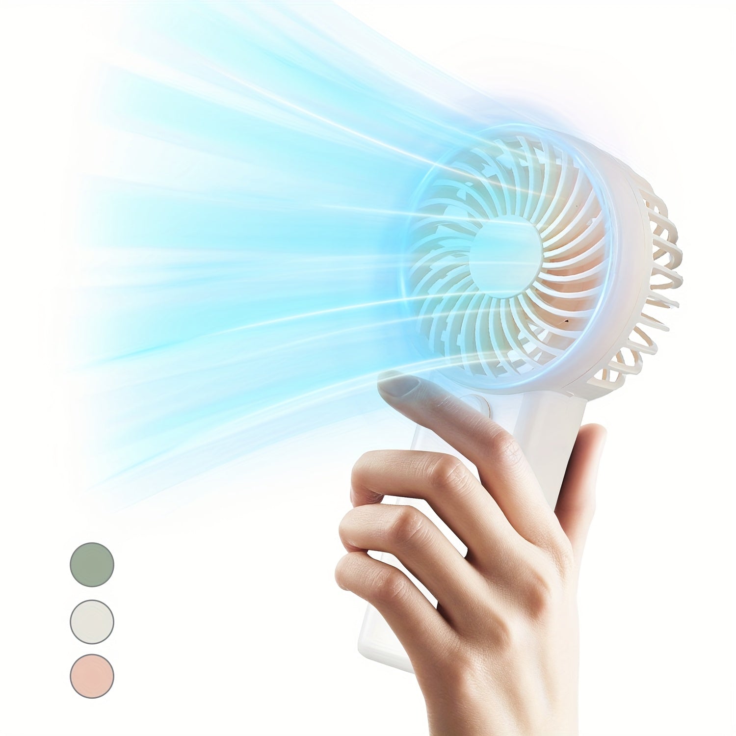 Oq rangda va yashil aksentlar bilan jihozlangan batareyali mini portativ ventilyator. Yengil, shovqinsiz va ofis, tashqarida, sayohat va lager uchun ideal. Har qanday joyda sovuq bo'ling! AAA batareyalar kiritilmagan.