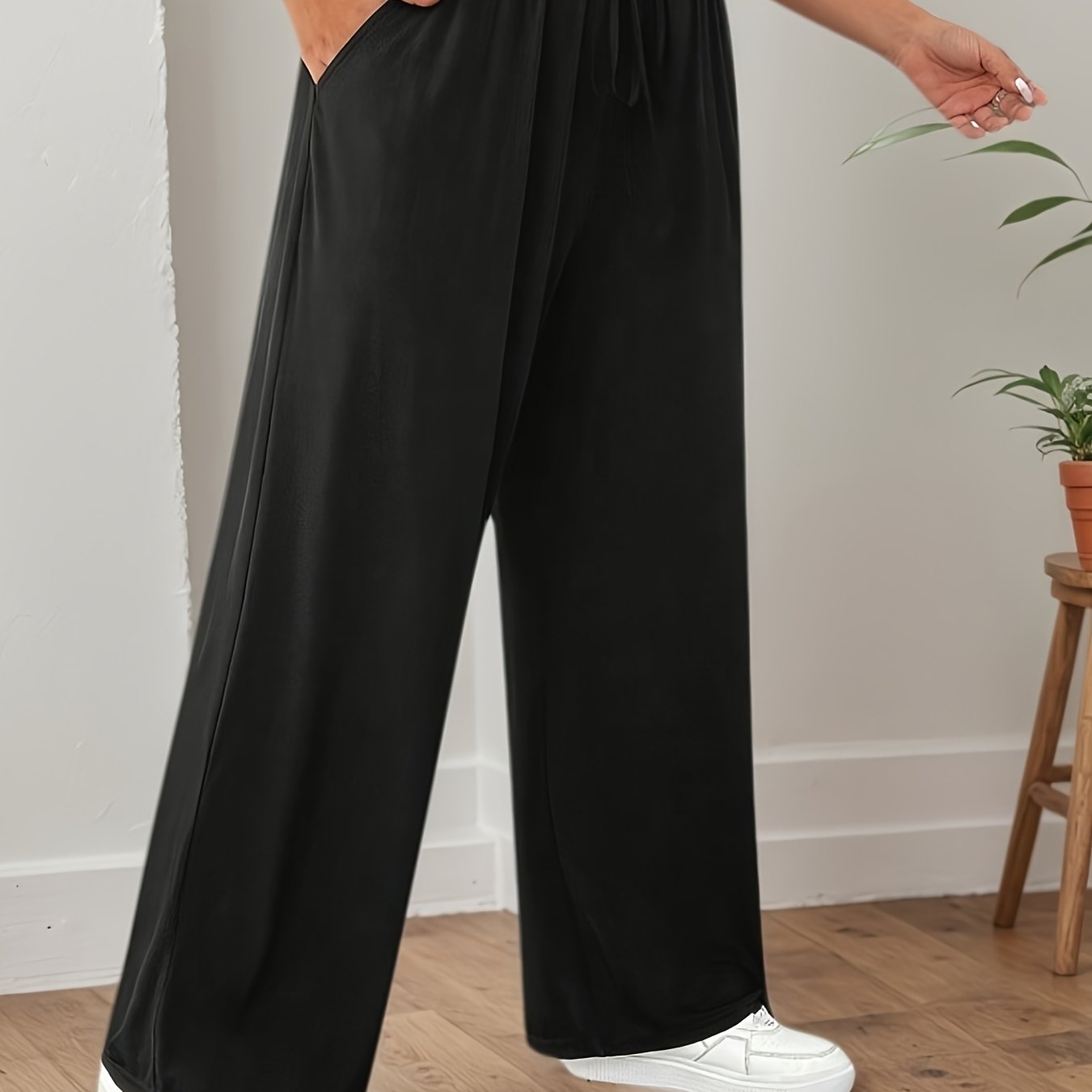 Women's Wide Leg Pants Elastic Black Casual Summer Trousers