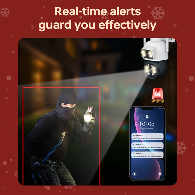 Dual Lens 4MP Outdoor Security Camera with 360 Degree View Motion Tracking Spotlight Siren Two-Way Audio IP65 Waterproof