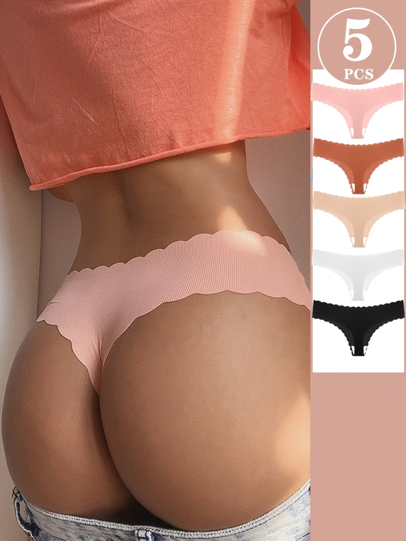 5-Pack Women’s Polyamide Thong Panties Solid Color Low-Rise Breathable Seamless