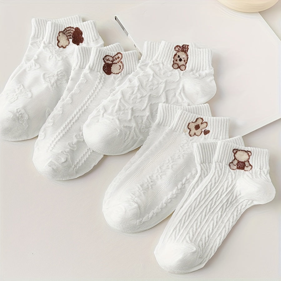 Women’s Japanese Style Cartoon Pattern Short Socks 5 Pairs Knit Fabric Polyester Spandex