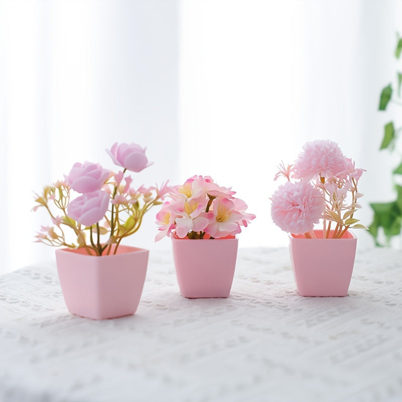 Mini Pink Artificial Plants with Faux Rose and Peach Embroidered Ball Flowers for Wedding Home Office Decor