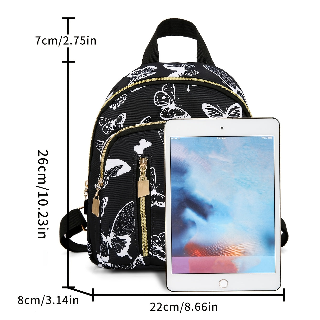 Women's Black Mini Backpack with Butterfly Print Nylon Casual Daypack
