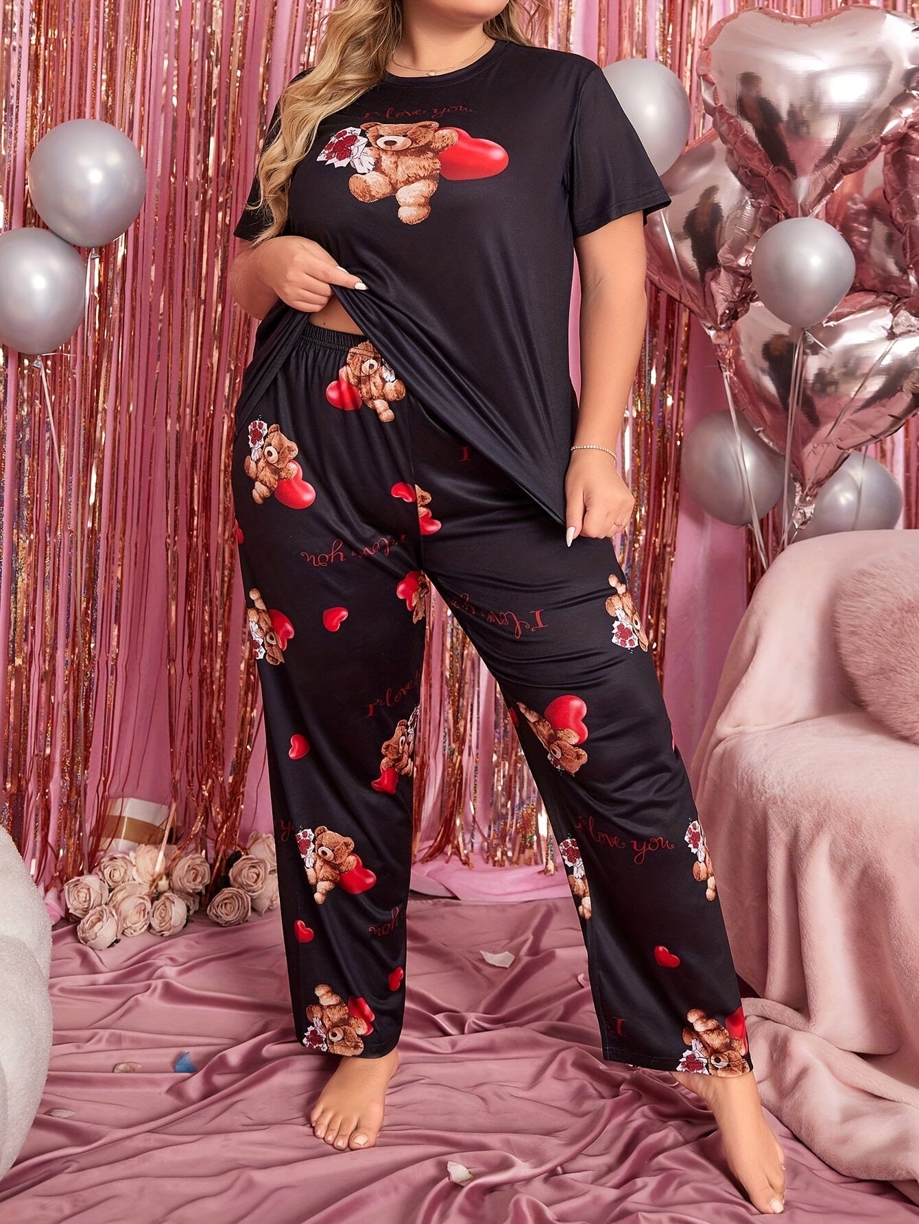 Women's Plus Size Pajama Set Polyester Knit Heart Bear Sleepwear All-Season